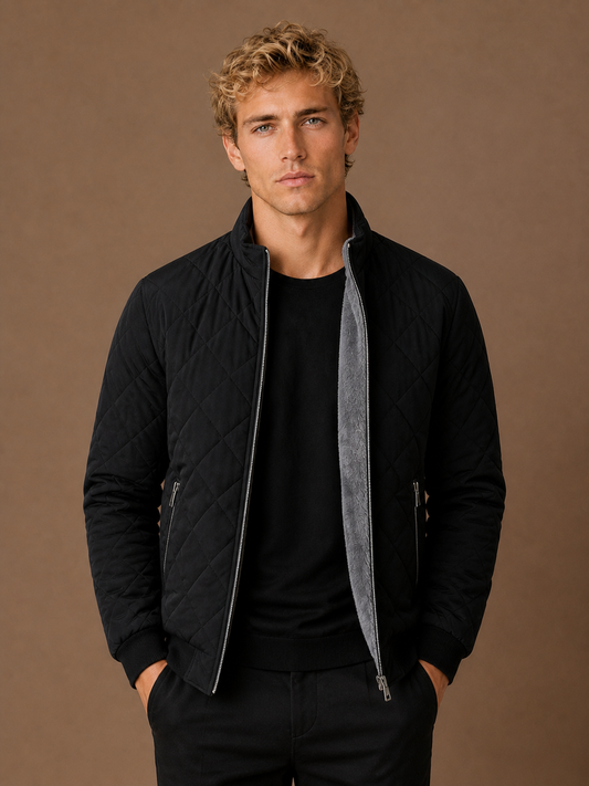 Men's Quilted Winter Jacket with Fleece-Style Lining, Stand Collar and Zip Pockets - Black - Black