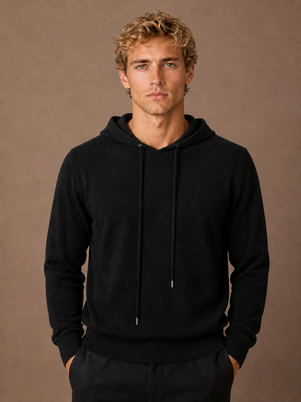 Men’s Pullover Hoodie with Adjustable Hood and Ribbed Cuffs - Black