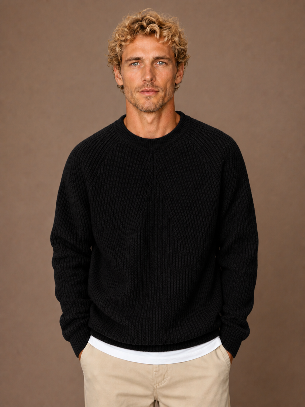 Men's Cotton Ribbed Jumper with Crew Neck and Relaxed Fit - Black
