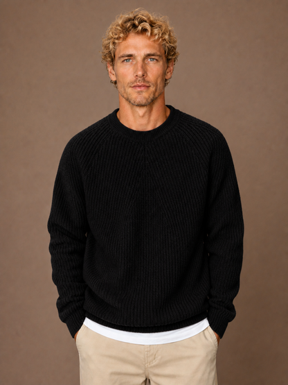 Men's Cotton Ribbed Jumper with Crew Neck and Relaxed Fit - Black