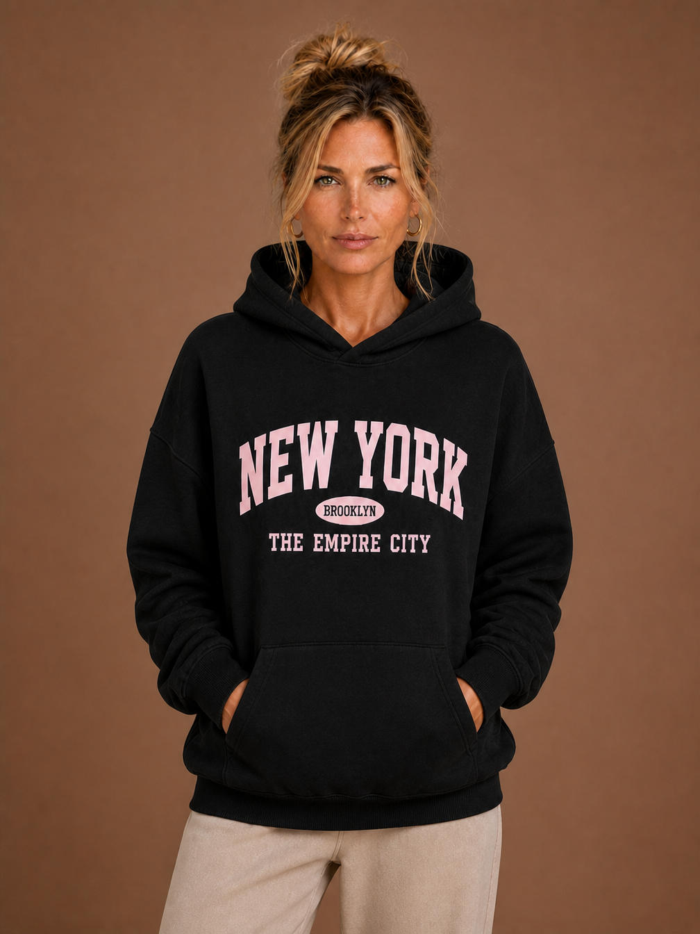 Women's Oversized Graphic Hoodie with Hood and Long Sleeves - Black