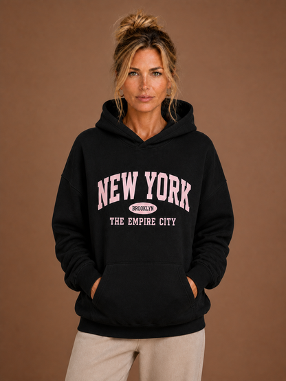Women's Oversized Graphic Hoodie with Hood and Long Sleeves - Black