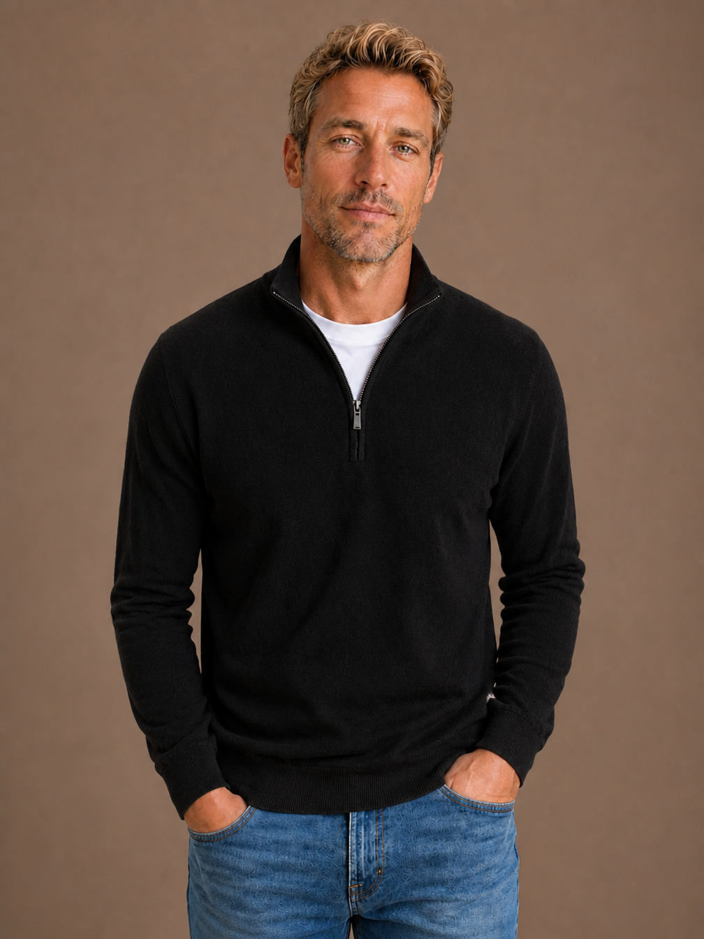 Men’s Wool-Blend Half-Zip Sweater with High Collar, Regular Fit - Black