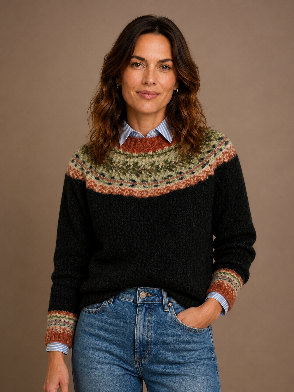 Women's Nordic Knit Sweater with Relaxed Fit and Ribbed Cuffs - Black Heritage