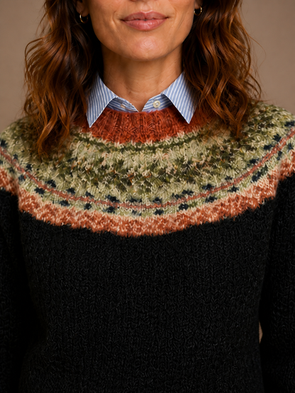 Women's Nordic Knit Sweater - Relaxed Fit Traditional Scandi Jumper - Black Heritage - Detail Close-Up [AI-OPT:8bcd2794-8ddc-4e49-82fa-d17b71e0ef08]