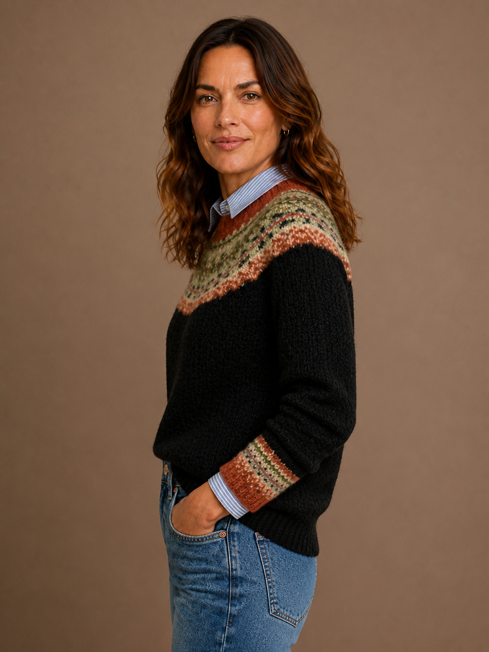 Women's Nordic Knit Sweater - Relaxed Fit Traditional Scandi Jumper - Black Heritage - Side View [AI-OPT:07aa017b-ff90-439e-a27f-3804a23e83d0]