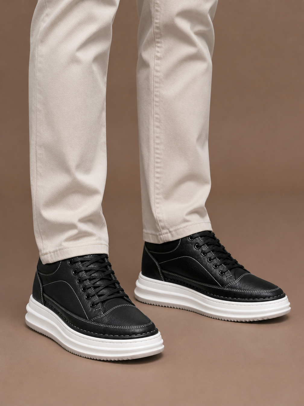 Men’s Leather Look Platform Trainers – Lace-Up Low-Top Casual Shoes - Black - On-Foot View [AI-OPT:75f7aef9-abd5-41d4-bf0b-2fbc32837d9d]