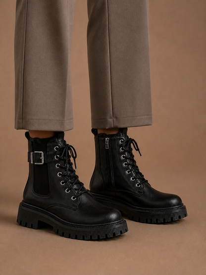Women's Black Lace-Up Ankle Boots with Buckle Strap and Chunky Lug Sole - Black - On-Foot View [AI-OPT:2d443a09-08db-4474-bcad-faf72895efad]