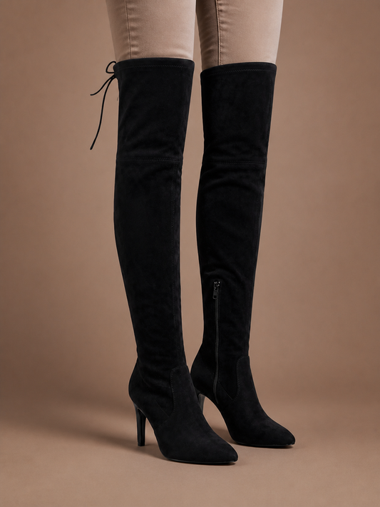 Women's Tall Suede Boots High Heel Over Knee Stylish Boots - Black - On-Foot View [AI-OPT:07c7c315-118d-4855-965d-a13fe5dd815d]