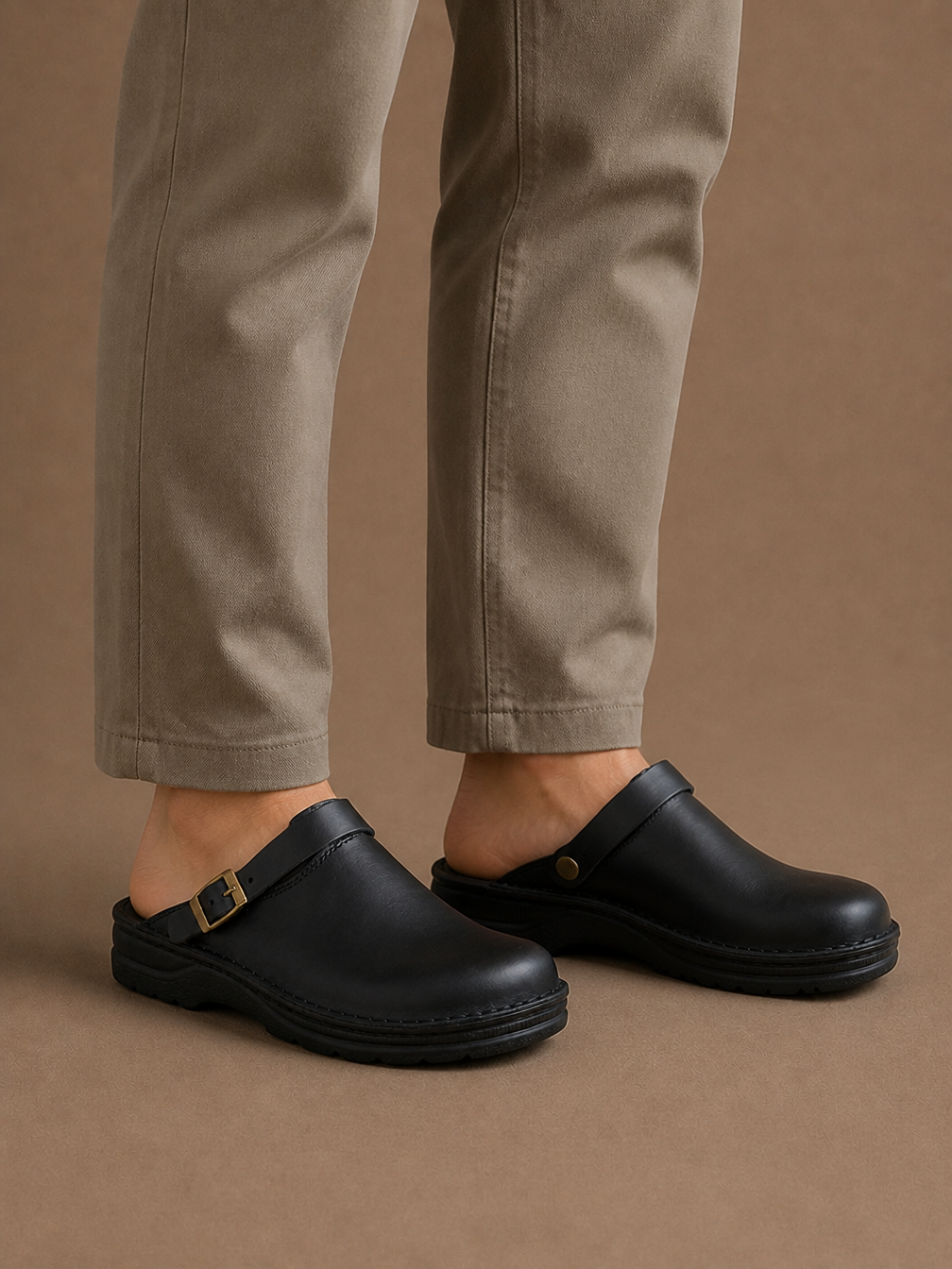 Men's Leather Clogs Slip-On Buckle Strap Cushioned Orthopaedic Insole Slippers - Black - On-Foot View [AI-OPT:090de16c-8fd6-42e5-a87b-b682bb344563]