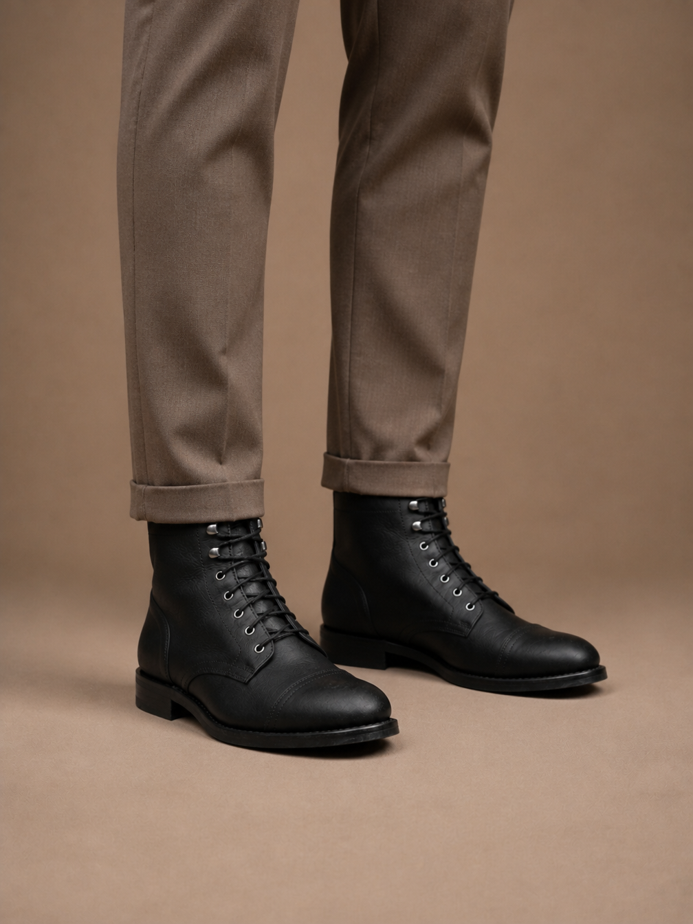 Men's Vintage Leather Ankle Boots with Lace-Up Front and Cap Toe - Black - On-Foot View [AI-OPT:09386b2f-4e3c-45fd-a202-a7ddeb9a6822]