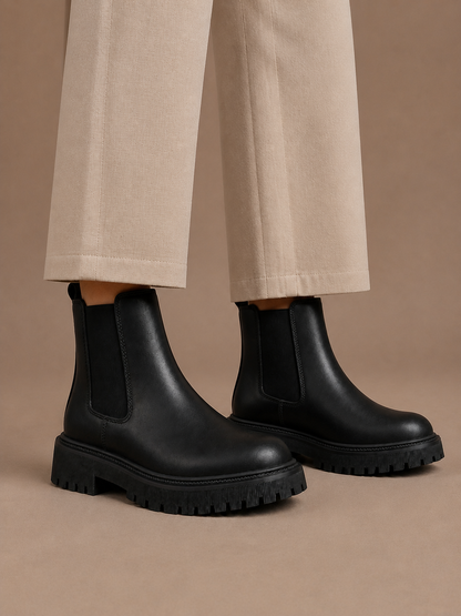 Women's Black Chelsea Boots with Lug Sole, Slip-On Ankle Boots - Black - On-Foot View [AI-OPT:9f8f211b-5888-46d1-9381-93999057c779]