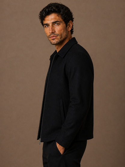 Men’s Wool Blend Jacket with Plaid Lining - Lightweight Warmth Overshirt - Black - Side View [AI-OPT:b4a8964e-eabd-41b5-a545-4ae7e922de2e]