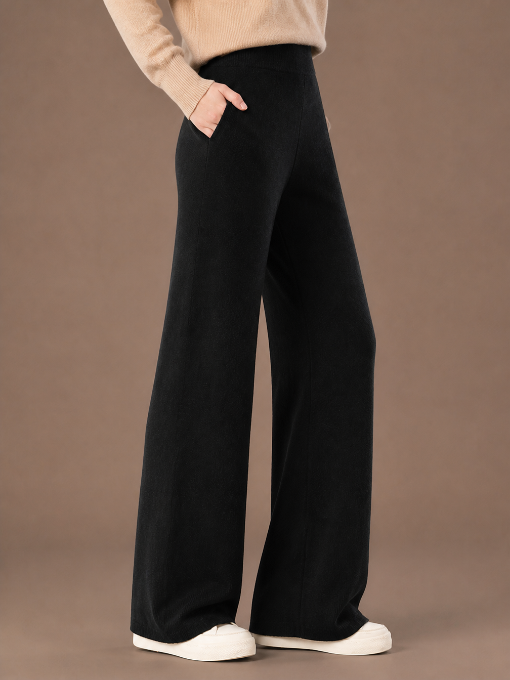 Women's Wool Wide-Leg Trousers - High Elasticated Waist Pants - Black - Side View [AI-OPT:8fa9948b-34b6-4603-a824-e91144cb4329]