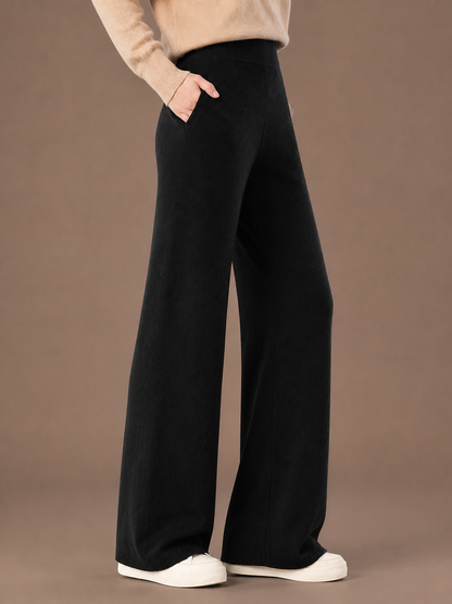 Women's Wool Wide-Leg Trousers - High Elasticated Waist Pants - Black - Side View [AI-OPT:8fa9948b-34b6-4603-a824-e91144cb4329]
