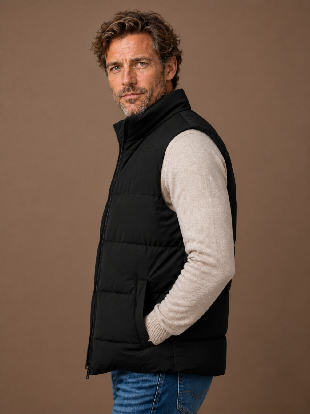 Men's Winter Gilet with Faux Fur Lining, Quilted Sleeveless Padded Waistcoat with Stand Collar - Black - Side View [AI-OPT:570ef838-5251-486a-a467-daca406c945a]