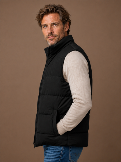 Men's Winter Gilet with Faux Fur Lining, Quilted Sleeveless Padded Waistcoat with Stand Collar - Black - Side View [AI-OPT:570ef838-5251-486a-a467-daca406c945a]