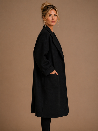Women's Oversized Longline Coat with Lapels, Patch Pockets and Turn-Up Cuffs - Black - Side View [AI-OPT:40fe295d-4424-4f0c-8363-7c8b958574ec]