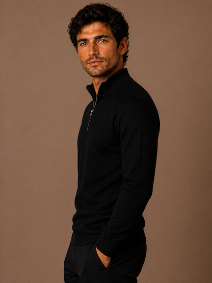 Men's Quarter-Zip Fleece Sweatshirt with Stand Collar- Ribbed Texture Zipper Jumper - Black - Side View [AI-OPT:9e30e687-47e6-4380-ad62-13b9797fed25]