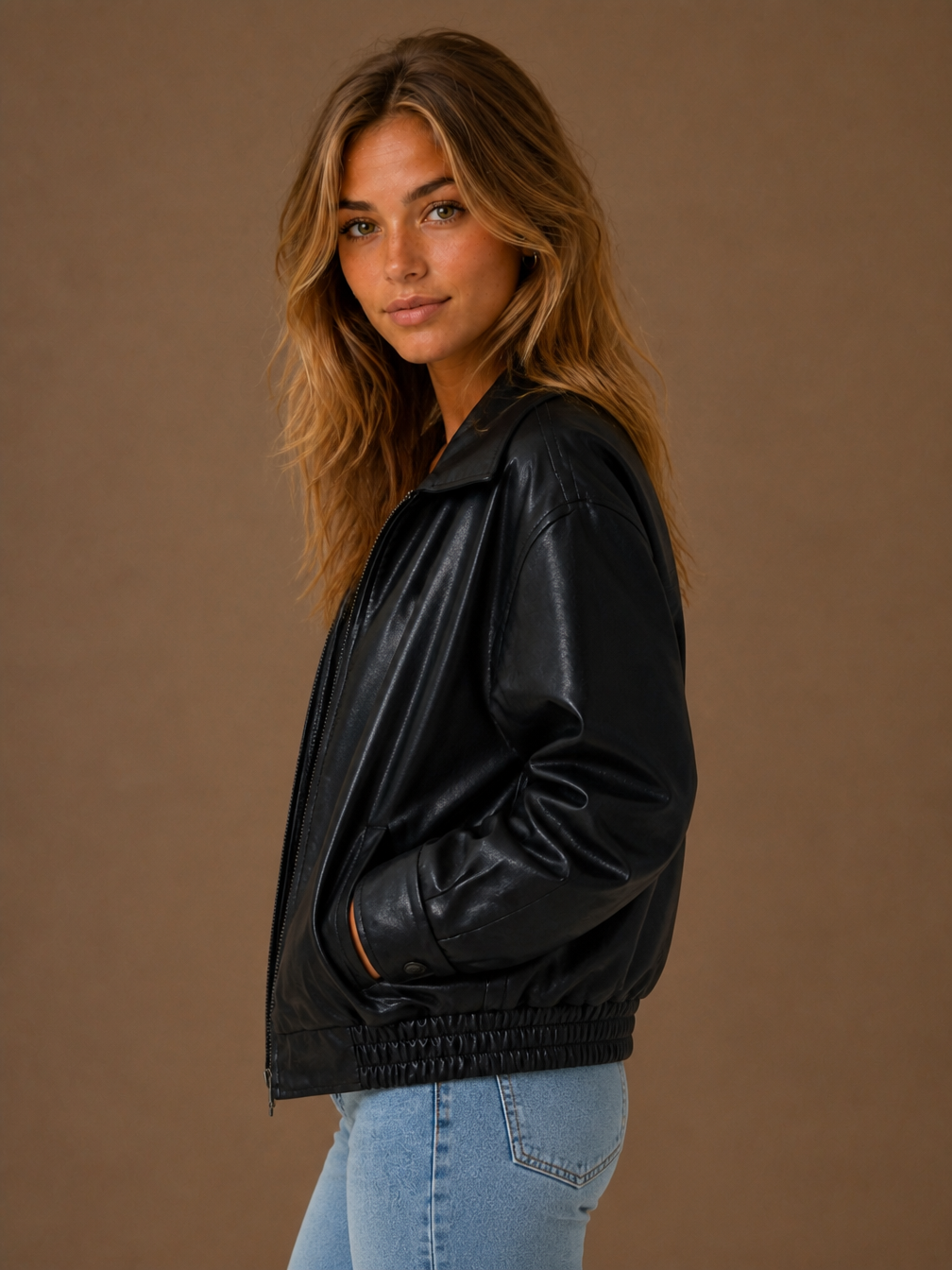 Women's Oversized PU Leather Jacket, Casual Brown or Black Faux Leather Coat - Black - Side View [AI-OPT:ba8e07d4-9aad-473c-a26d-4d357530eb04]