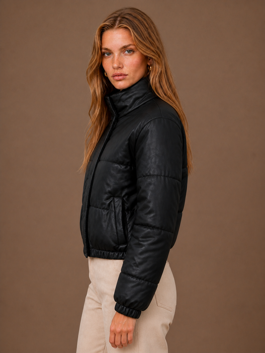 Women's Faux Leather Puffer Jacket - Cropped Quilted Padded Winter Coat - Black - Side View [AI-OPT:e5bcef92-cbac-48b7-a25e-3ae4a9282aa7]