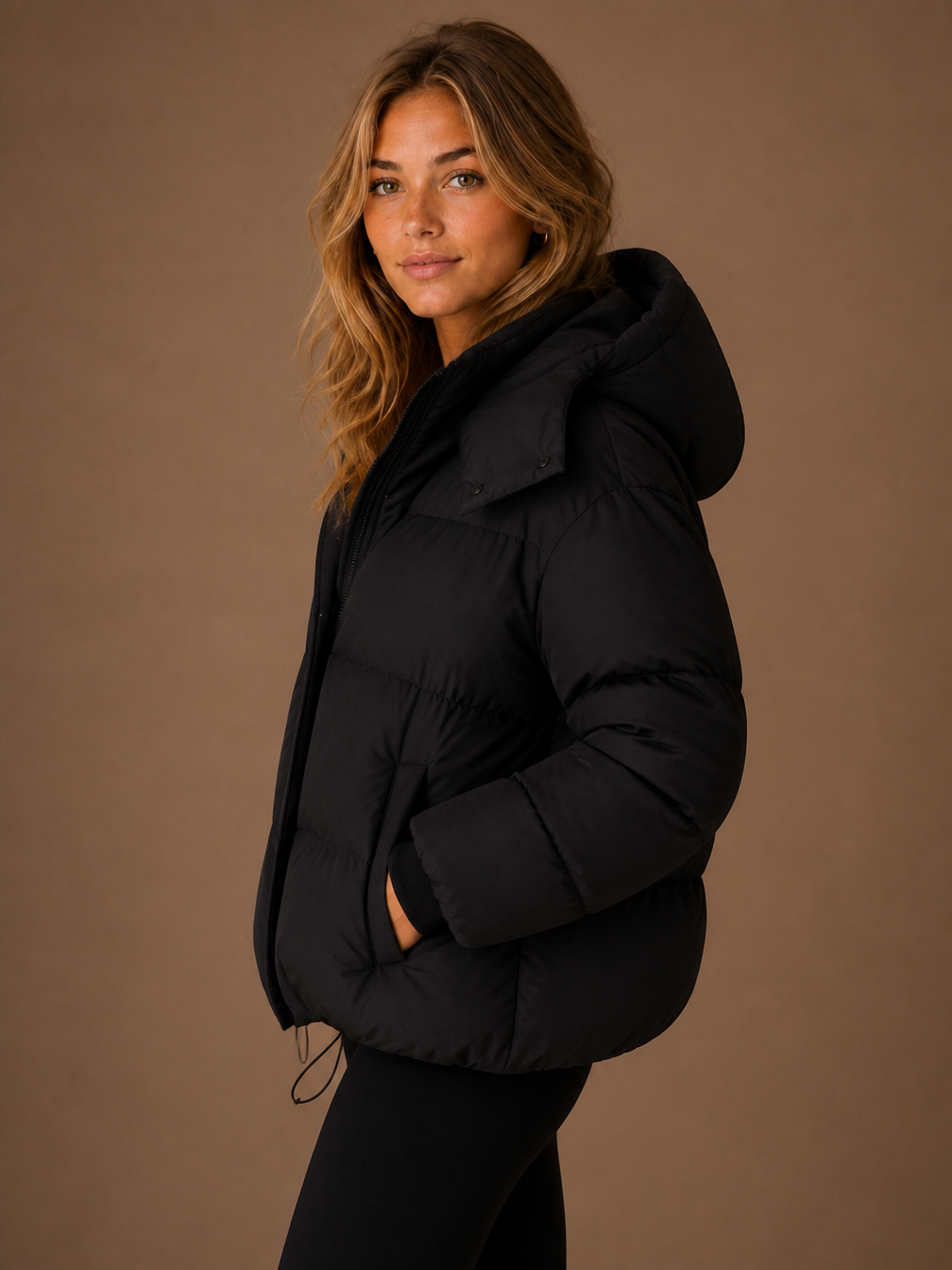 Women's Oversized Hooded Puffer Jacket – Short Padded Winter Coat - Black - Side View [AI-OPT:438b56f4-4495-4d21-af3f-e33db816525c]