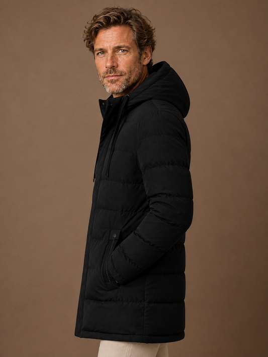 Men's Long Hooded Puffer Jacket Insulated Winter Coat - Black - Side View [AI-OPT:35897af8-0f8c-4b1c-b79b-311195dbc61d]
