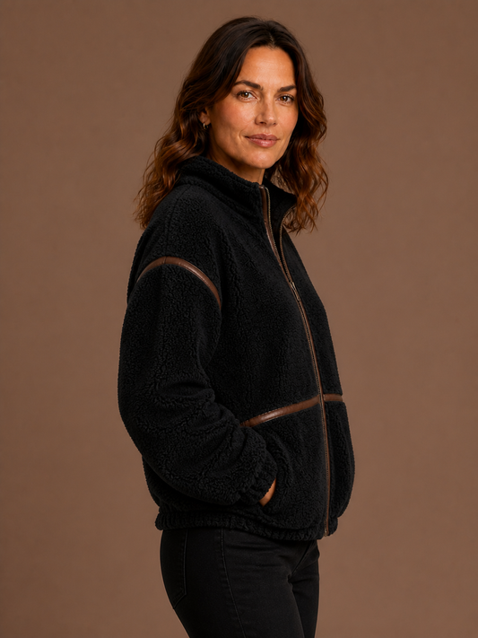 Women's Sherpa Fleece Jacket with Full Zip, Stand Collar and Patch Pockets - Black - Side View [AI-OPT:88e411cd-e05d-44f4-bdc4-dda9ed033d31]
