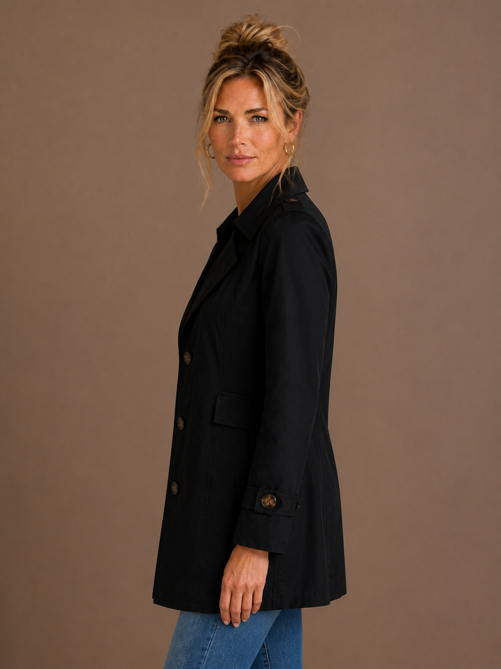 Women's Tailored Trench Coat - Elegant Tied Classic Short Coat with Classic Lapel Collar and Button Fastening - Black - Side View [AI-OPT:87b1a823-6930-4896-8d95-e899fdaacb49]