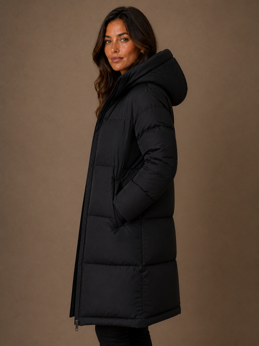 Women's Longline Hooded Puffer Coat – Knee-Length Padded Winter Coat - Black - Side View [AI-OPT:d48dddff-9de5-4708-89e2-bf094ba6ec34]