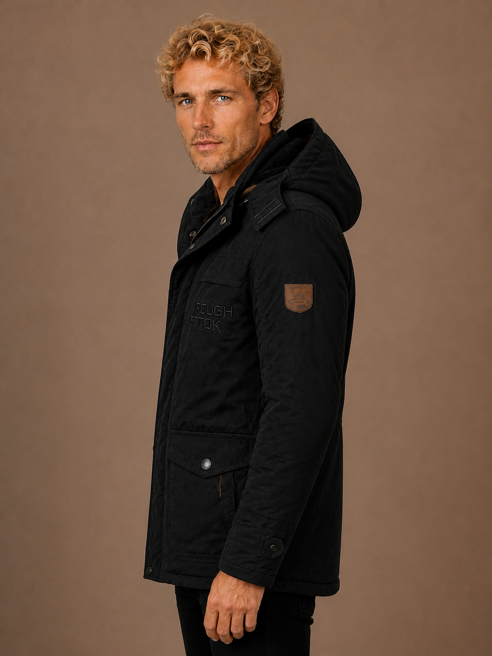 Men's Winter Parka with Hood, Padded Lining and Multiple Pockets - Black - Side View [AI-OPT:9eed1a0a-e009-4ecc-8ed8-679cd48c340c]