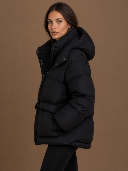 Women's Oversized Quilted Hooded Puffer Jacket with Storm Flap and Zip Pockets - Black - Side View [AI-OPT:e61df5fd-bed0-4d80-8b08-d312dfce0f51]