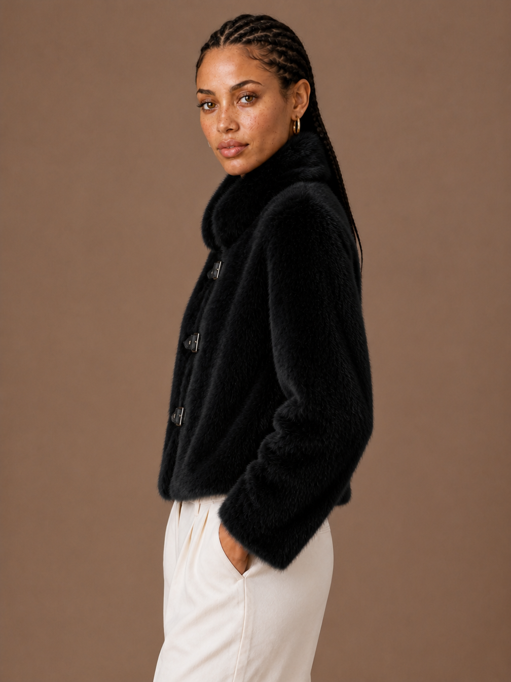 Women's Faux Fur Jacket, High Neck Cropped Winter Coat with Buckle Front - Black - Side View [AI-OPT:f1a10d7e-51f2-47cc-81ac-2b8f056e0e29]