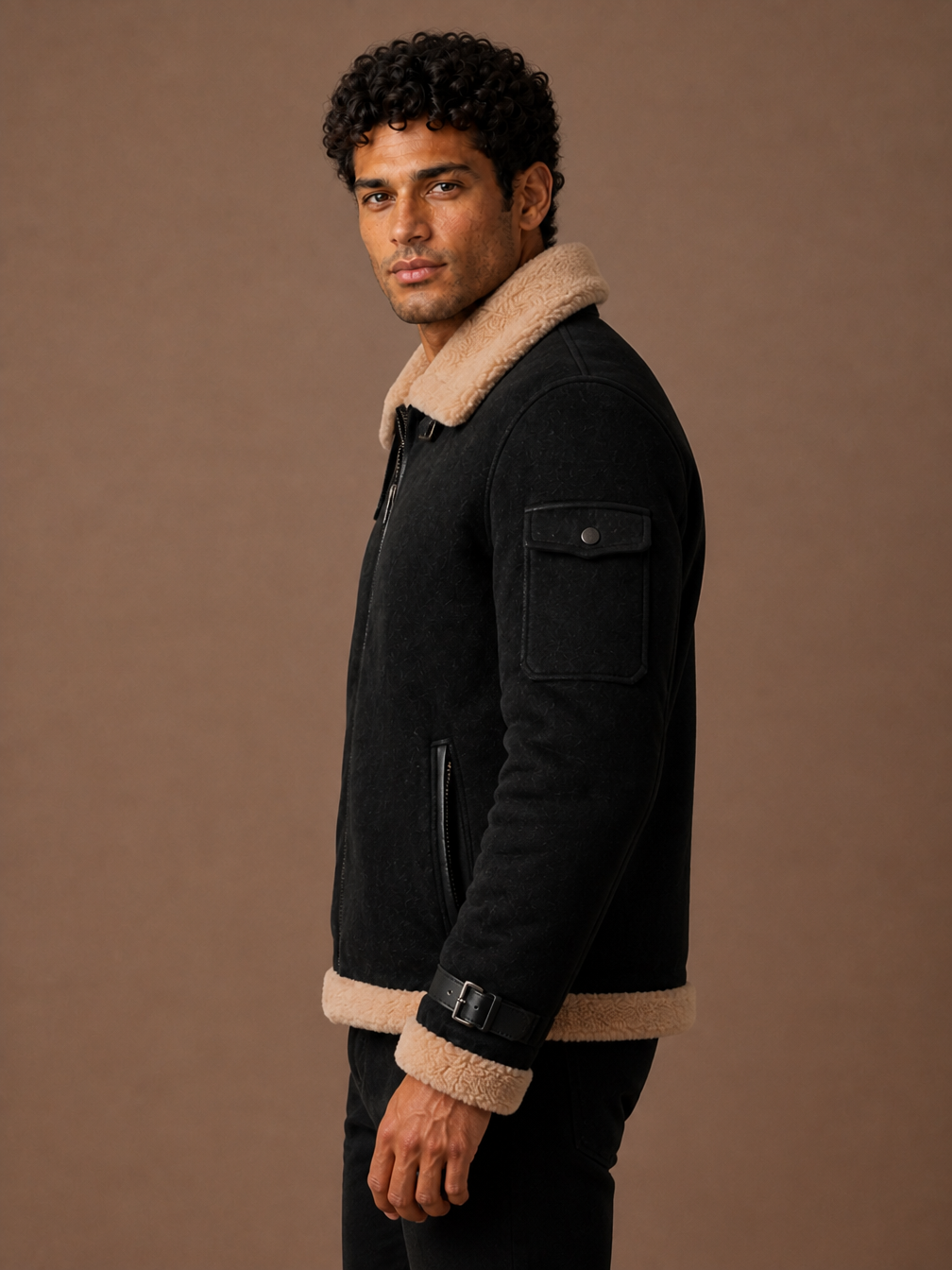 Men’s Sherpa Lined Aviator Jacket with Faux Shearling Collar, Zip Front and Adjustable Cuffs - Black - Side View [AI-OPT:930bc19a-5db3-400e-be7b-bf20925947f2]