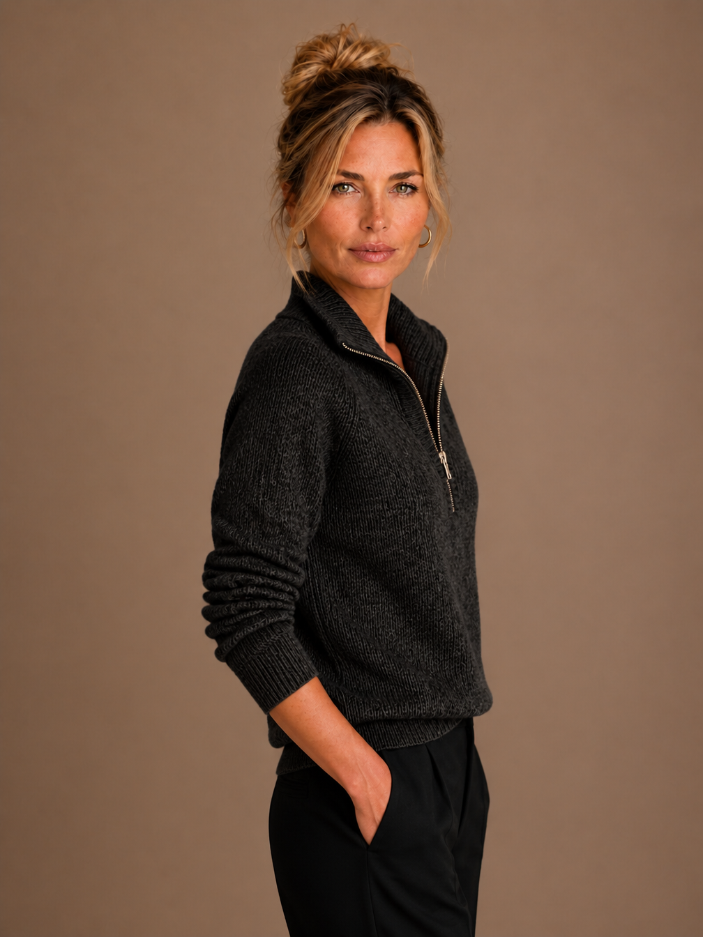 Women's Pure Cashmere Half-Zip Knitted Pullover Sweater with Long Sleeves - Black - Side View [AI-OPT:ec631459-7eb2-494e-a58d-04175c491979]