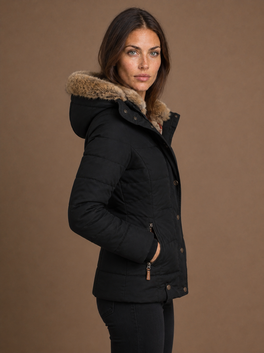Women’s Quilted Puffer Jacket with Faux Fur Hood - Insulated Waist-Fitted Winter Coat - Black - Side View [AI-OPT:bbfff56f-49e3-4868-b081-658a1588e757]