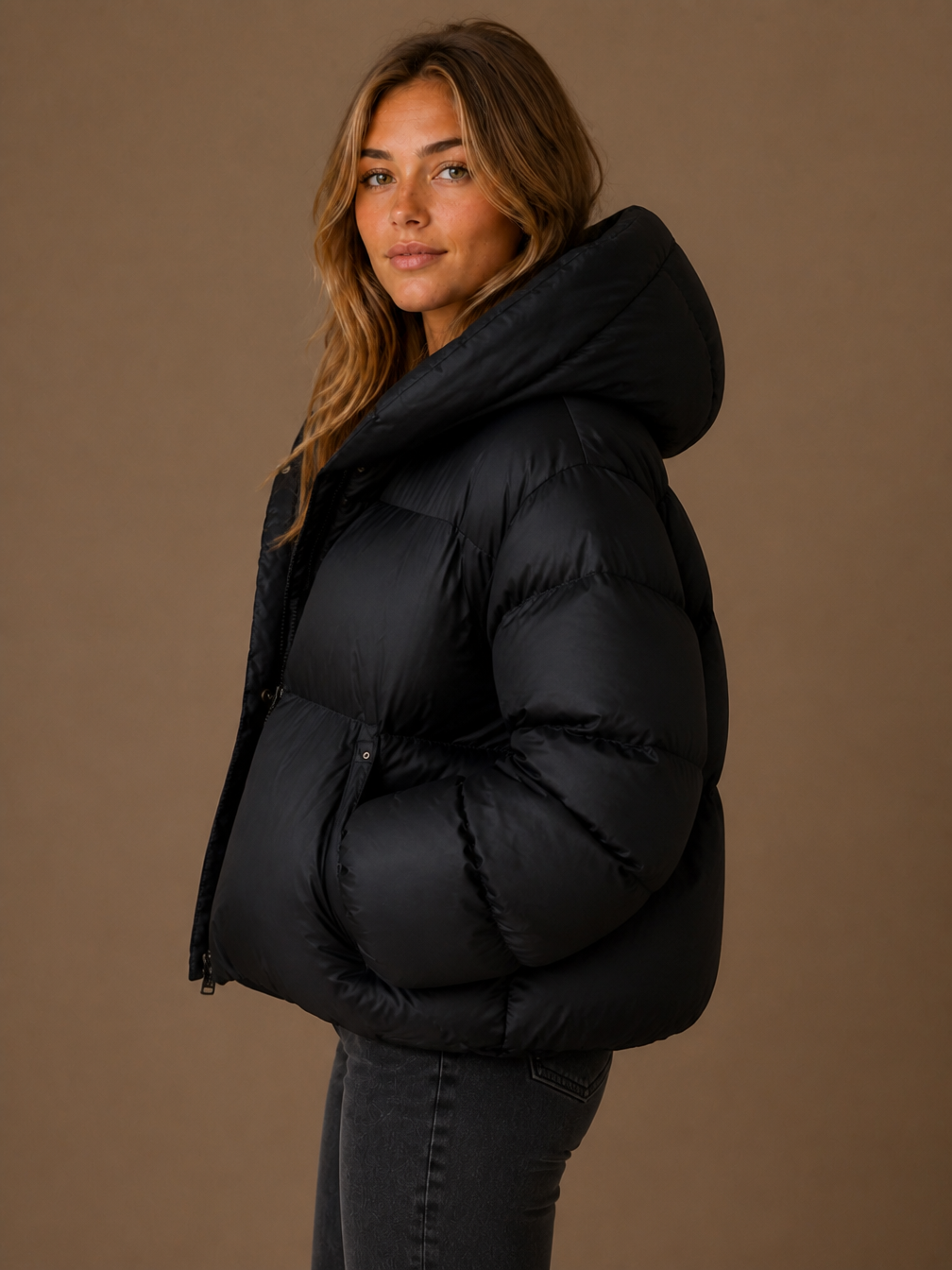 Women's Oversized High-Collar Hooded Puffer Jacket - Warm Padded Winter Coat - Black - Side View [AI-OPT:82799457-46dd-49b2-bda4-7c52c440757d]