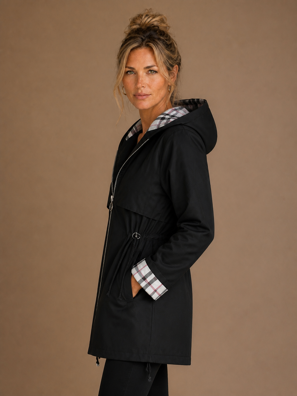 Women's Waterproof Windproof Coat - Hooded Zip Jacket for Rain - Black - Side View [AI-OPT:c9167089-0bae-458f-b975-6f27160f7d27]