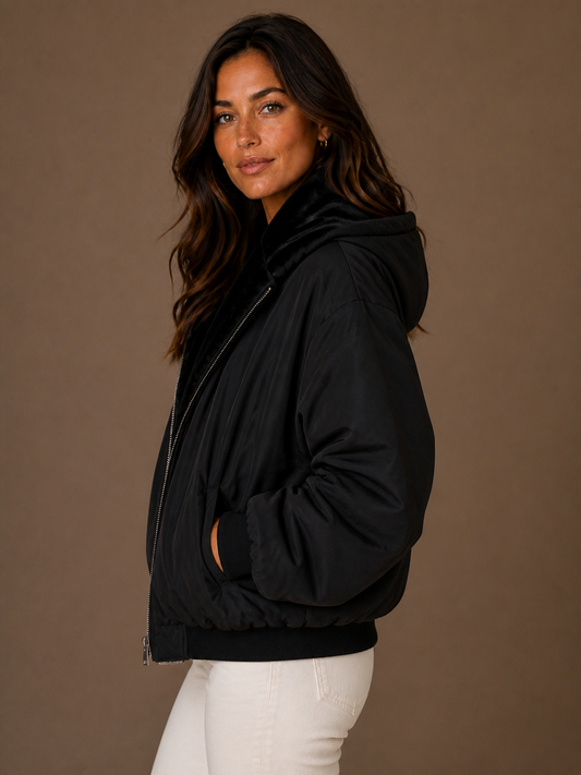 Women's Oversized Hooded Puffer Jacket - Warm Plush Trim Coat with Stand Collar, Zip Front and Pockets - Black - Side View [AI-OPT:97e8f7fa-f23b-41b7-83e6-2f08fc9aa0ad]