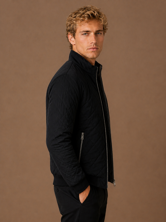 Men's Quilted Winter Jacket with Fleece-Style Lining, Stand Collar and Zip Pockets - Black - Black - Side View [AI-OPT:7012745c-3ff8-4a34-a60d-efad1de1ec8b]