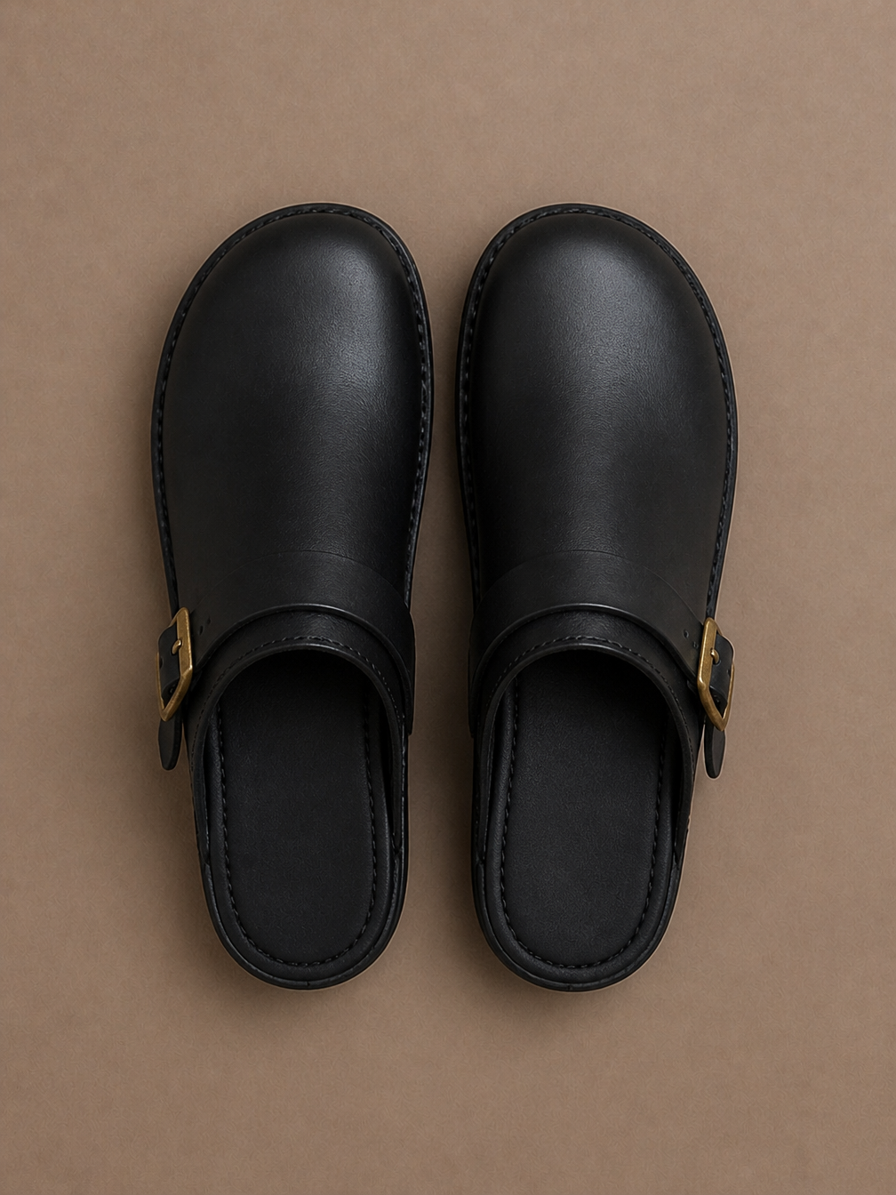 Men's Leather Clogs Slip-On Buckle Strap Cushioned Orthopaedic Insole Slippers - Black - Top View [AI-OPT:ded13b78-5928-4762-aea9-c88fc7531a90]