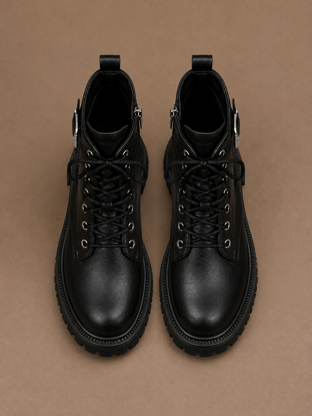 Women's Black Lace-Up Ankle Boots with Buckle Strap and Chunky Lug Sole - Black - Top View [AI-OPT:cb39b224-28bd-412f-a081-28501fce19de]