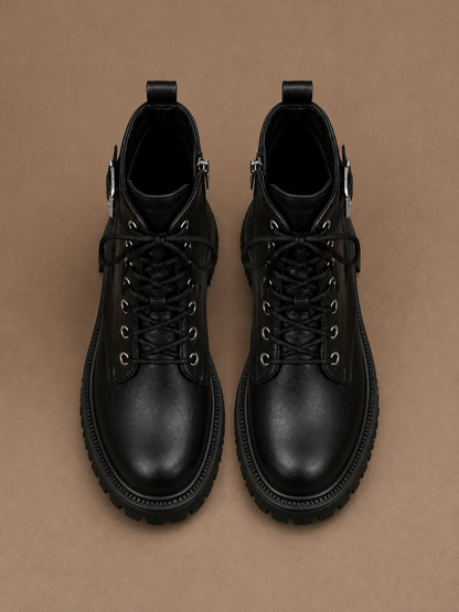 Women's Black Lace-Up Ankle Boots with Buckle Strap and Chunky Lug Sole - Black - Top View [AI-OPT:cb39b224-28bd-412f-a081-28501fce19de]