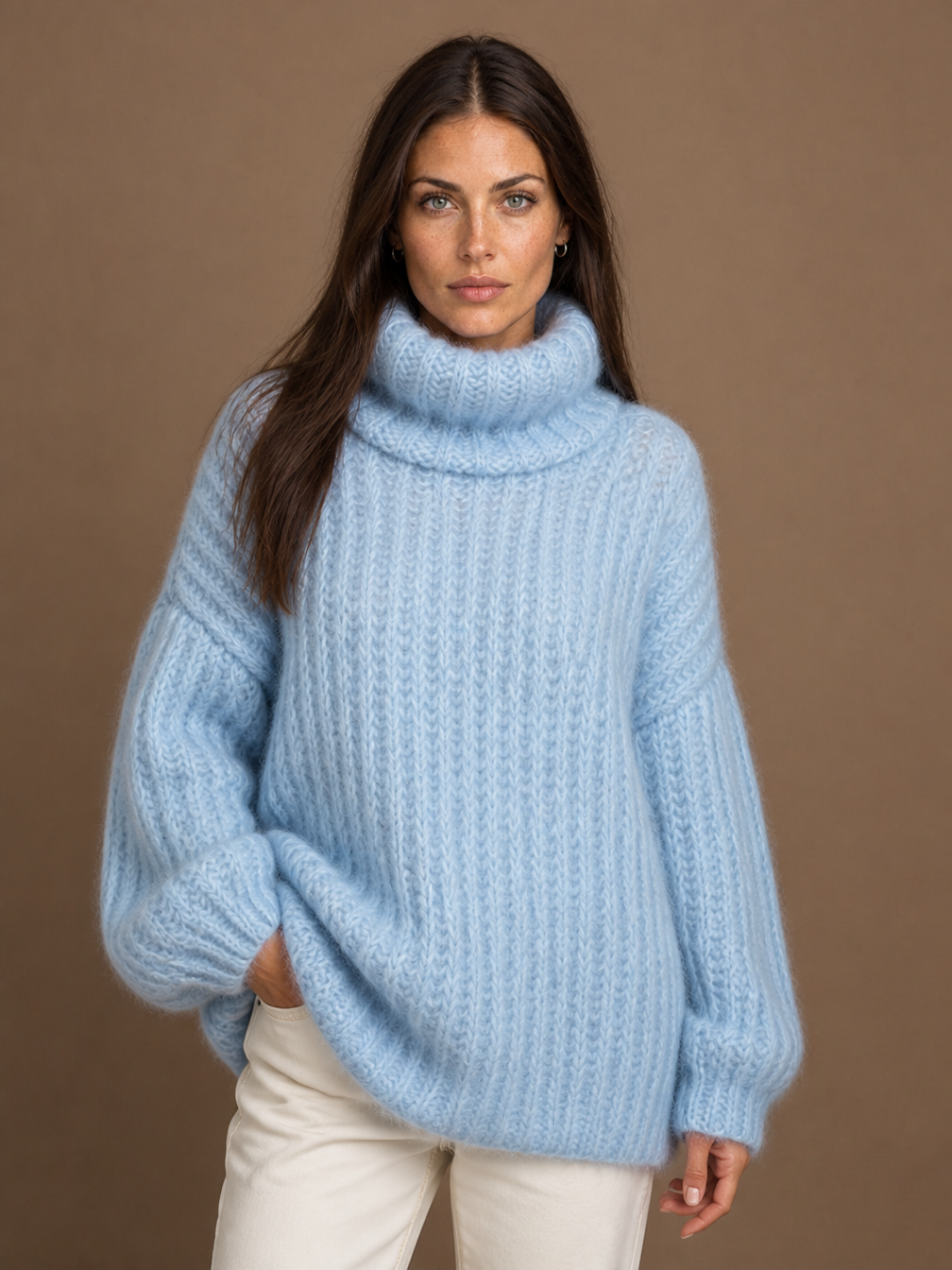 Women's Oversized Roll-Neck Chunky Knit Jumper – Cosy Fuzzy Warm Sweater - Blau