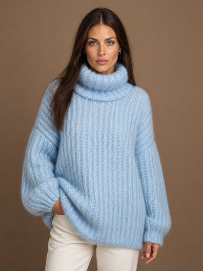 Women's Oversized Roll-Neck Chunky Knit Jumper – Cosy Fuzzy Warm Sweater - Blau