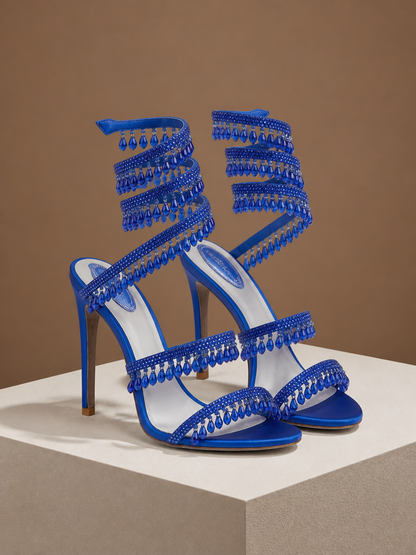 Women's Crystal Strappy High Heels for Parties and Evening Events - Blue
