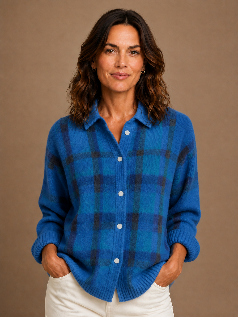 Women’s Classic Check Knit Cardigan - Cozy Retro Knitted Relaxed Fit Sweater - Blue