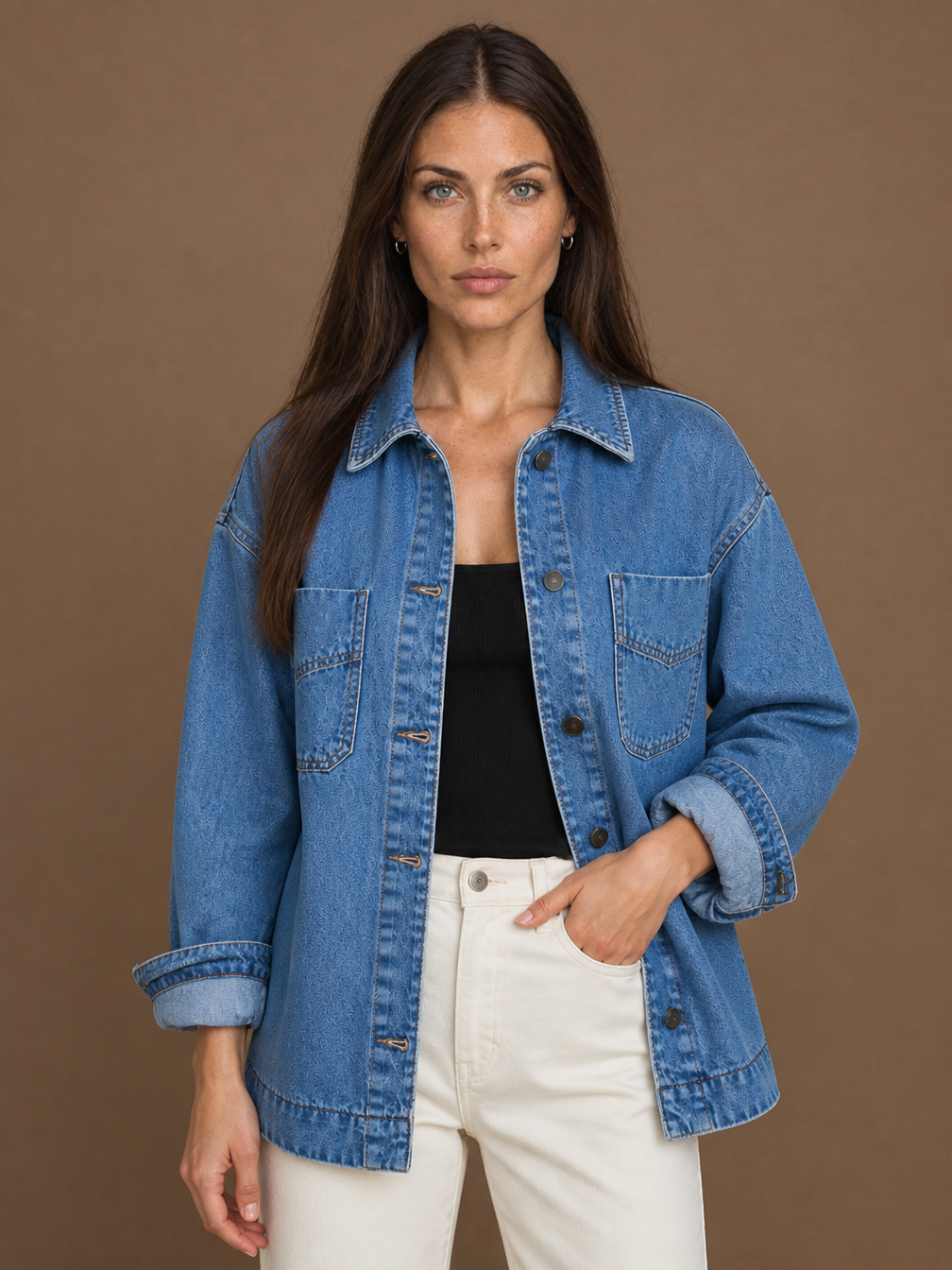Women's Oversized Washed Denim Jacket with Button Front and Chest Pockets - Blue