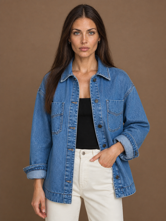 Women's Oversized Washed Denim Jacket with Button Front and Chest Pockets - Blue