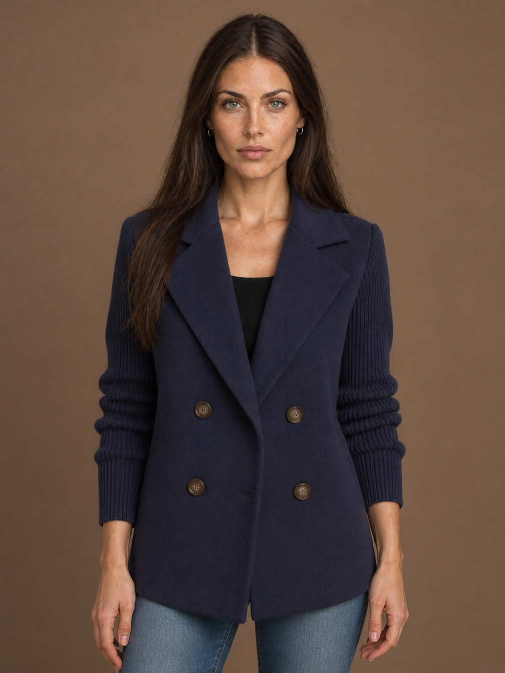 Women's Double-Breasted Blazer - Elegent Knitted Jacket - Blue